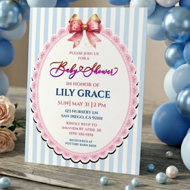 Invitación Fiesta de Bebé Azul y Blanco con Lazo de Cinta Ros (Subido por el creador)