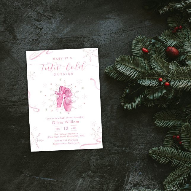Invitación Fiesta de Bebé Bailarina de Nieve de Invierno Rosa (Pink Winter Snowflake Ballerina Baby Shower Invitation)