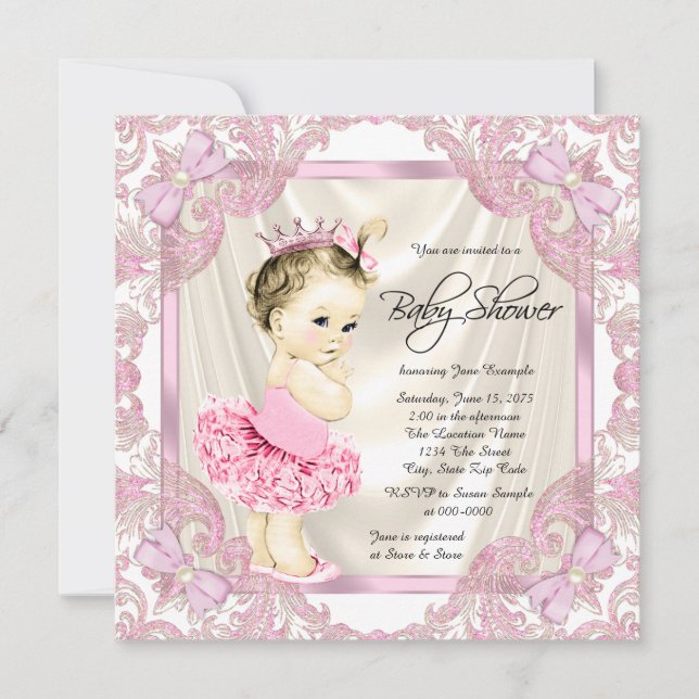 Invitación Fiesta de Bebé Bailarina Princesa Tutú Perlas (Anverso)