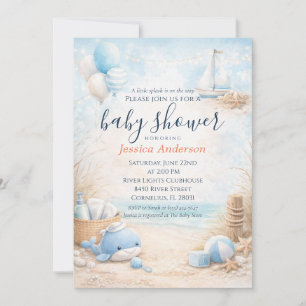 Invitación Fiesta de Bebé Ballena Náutica Costera Azul Adorab
