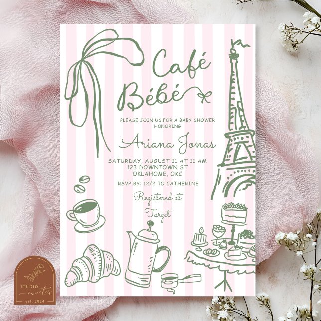 Invitación Fiesta de Bebé Bebe Cafe Paris con Raya Rosa (Subido por el creador)