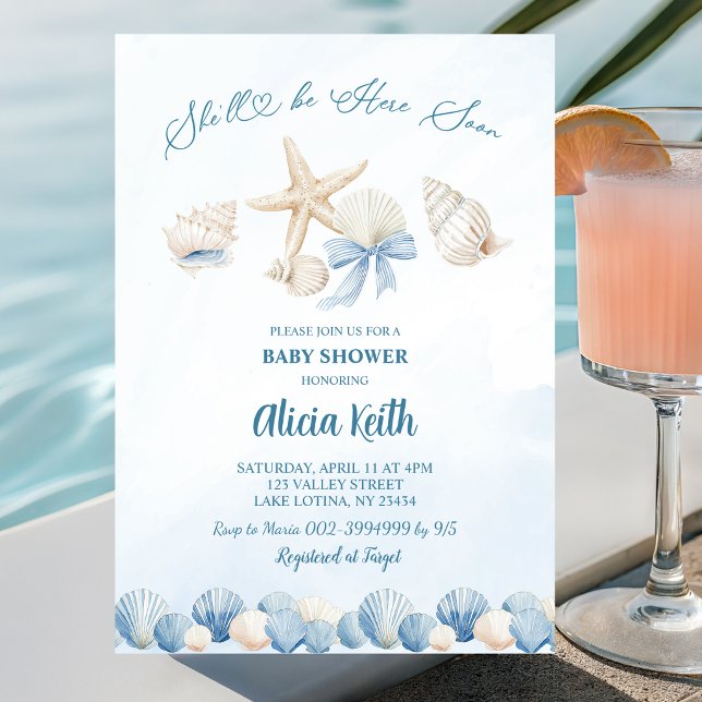 Invitación Fiesta de bebé Blue Boho Coastal She'll be here so (Subido por el creador)