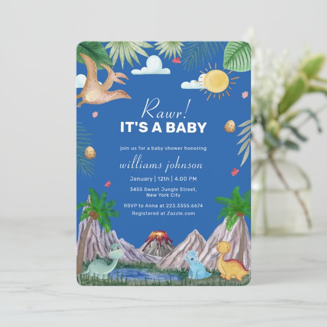 Invitación Fiesta de bebé Blue Rawr Volcano Montaña Dinosauri (Anverso de pie)