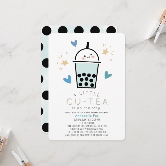 Invitación Fiesta de Bebé Boba Bubble Tea Niño Azul (Anverso/Reverso In Situ)