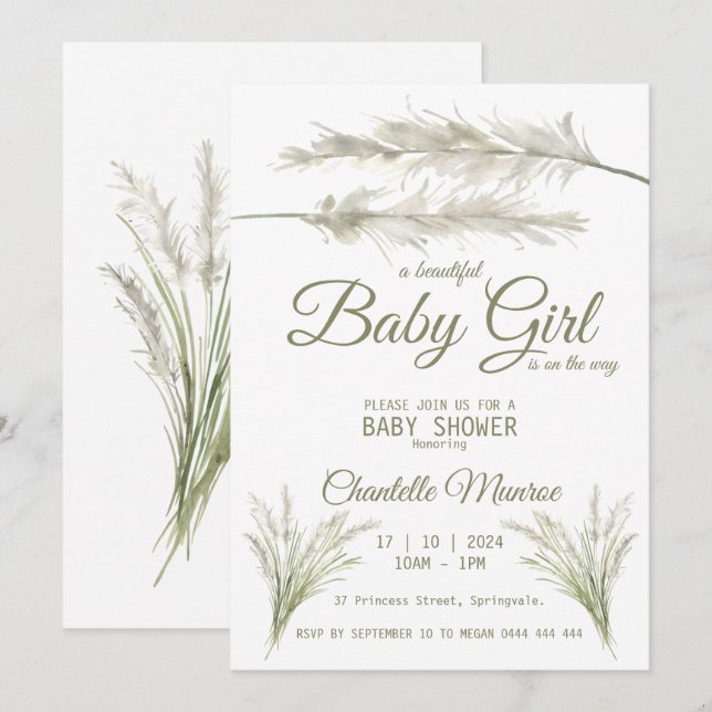 Invitación Fiesta de Bebé Bohemio Moderno con Pasto de Pampas (Anverso / Reverso)
