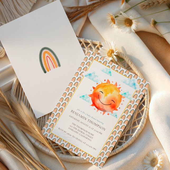 Invitación Fiesta de Bebé Boho Arcoíris Sol Gender Neutral (Subido por el creador)