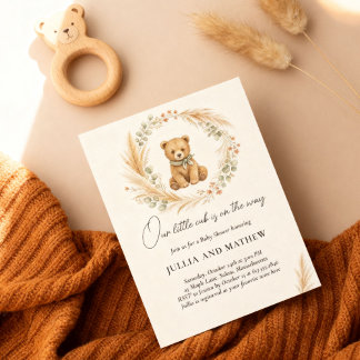 Invitación Fiesta de Bebé Boho Bosque Oso Sage Terracota
