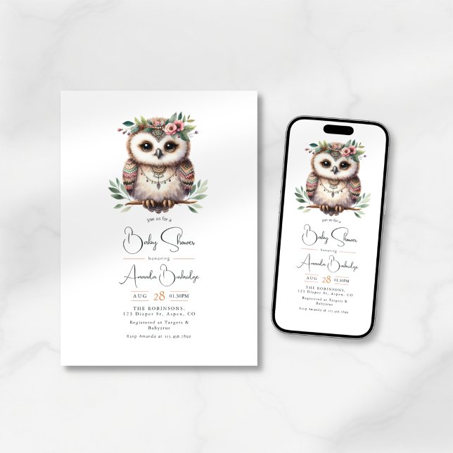 Invitación Fiesta de Bebé Boho Chic Bosque Animales del Bosqu (Boho Chic Foest Woodland Animals Baby Shower Invitation)