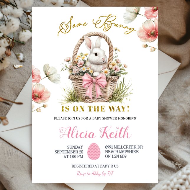 Invitación Fiesta de Bebé Boho Conejo de Pascua con Lazo Rosa (Subido por el creador)
