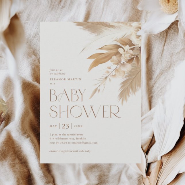 Invitación Fiesta de Bebé Boho de Pasto Pampas sin Género (Pampas Grass Elegant Boho Baby Shower Invitations.)