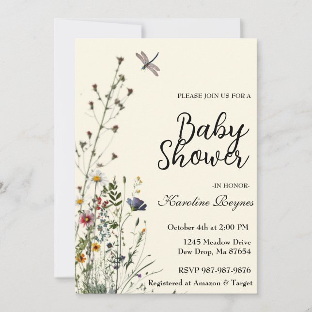Invitación Fiesta de Bebé Boho Flor de Libélula (Anverso)