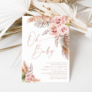 Invitación Fiesta de Bebé Boho Floral Pampas Rosa Oro