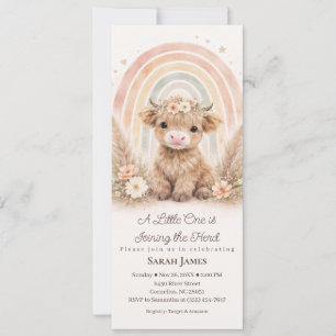Invitación Fiesta de Bebé Boho Highland Cow Delgada Arcoíris