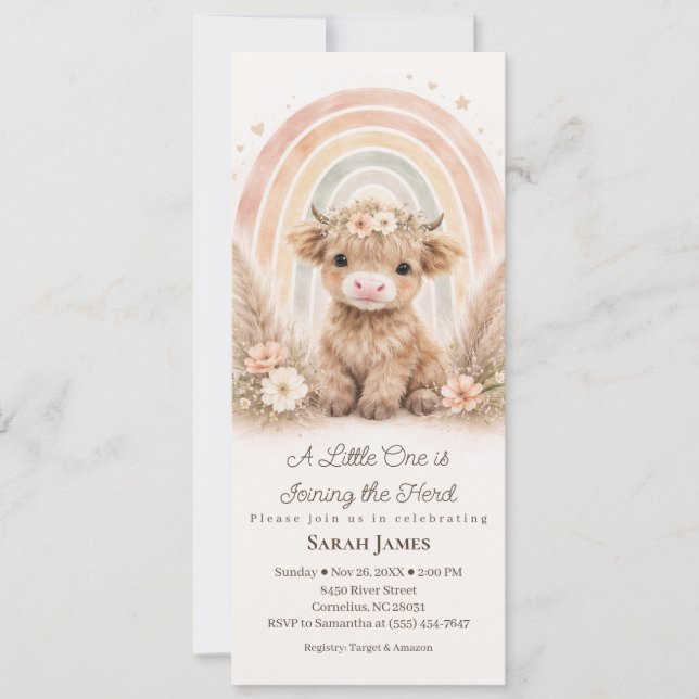 Invitación Fiesta de Bebé Boho Highland Cow Delgada Arcoíris  (Anverso)