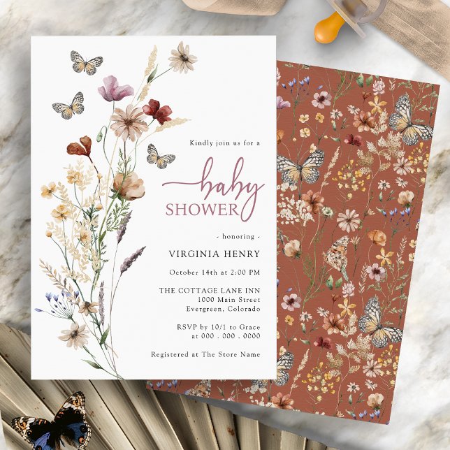 Invitación Fiesta de Bebé Boho Mariposa Flor Silvestre (Terracotta Butterfly Boho Wildflower Baby Shower Invitation by Painted Paperie
)