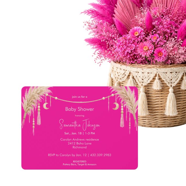 Invitación Fiesta de Bebé Boho Rosa Caliente Pampas (Subido por el creador)