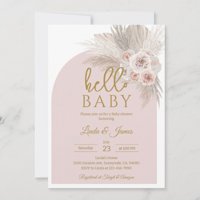 Invitación Fiesta de Bebé Boho Rosa con Hierba de Pampas (Anverso)