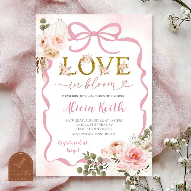 Invitación Fiesta de Bebé Boho Rosa Coquette Pampas Grass Amo (Subido por el creador)