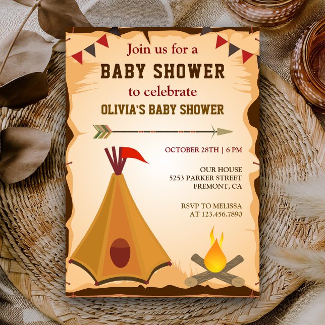 Invitación Fiesta de Bebé Boho Tribal Nativo Americano Tipi (Subido por el creador)