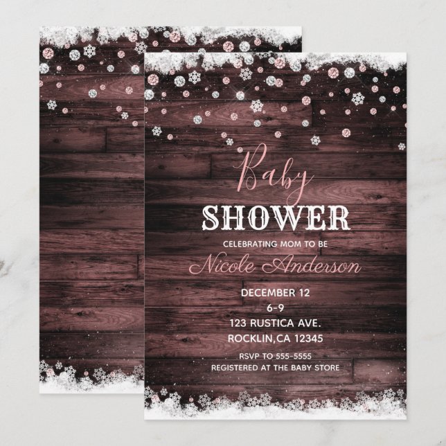 Invitación Fiesta de Bebé Boscosa Madera Rosa Dorado Invierno (Anverso / Reverso)