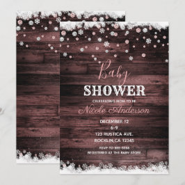 Invitación Fiesta de Bebé Boscosa Madera Rosa Dorado Invierno