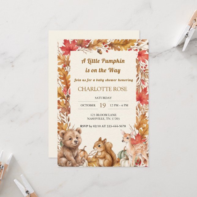 Invitación Fiesta de Bebé Bosque de Madera Calabacita Otoño B (Anverso/Reverso In Situ)