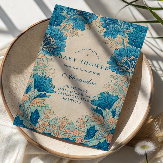 Invitación Fiesta de Bebé Botánico Azul Vintage (Subido por el creador)