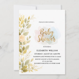 Invitación Fiesta de Bebé Botánico Floral Dorado Elegante