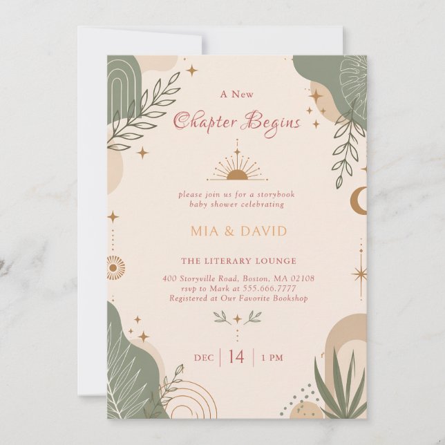 Invitación Fiesta de Bebé Botánico Verde Sage Boho de Cuento  (Anverso)