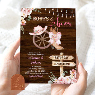 Invitación Fiesta de Bebé Botas y Lazos Florales de Madera Rú