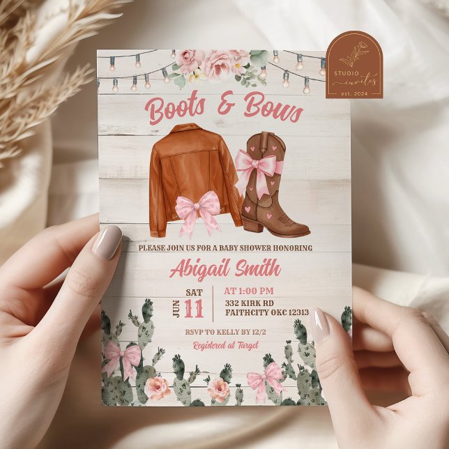 Invitación Fiesta de Bebé Botas y Lazos Rosa Madera Rústica (Subido por el creador)