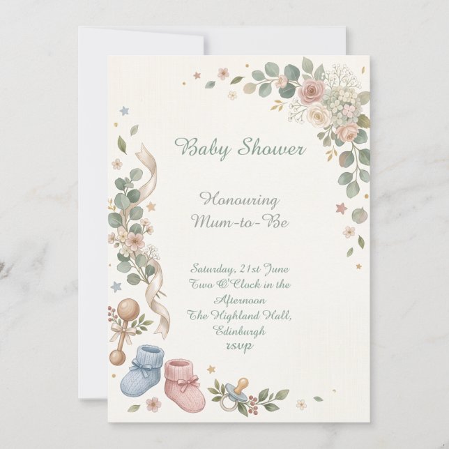 Invitación Fiesta de Bebé Botitas Florales (Anverso)