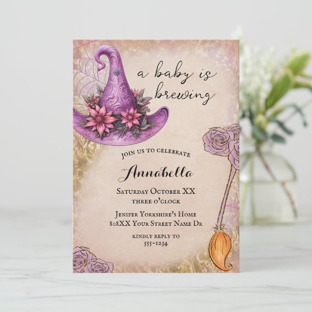 Invitación Fiesta de Bebé Bruja Bebé Rosa de Halloween (Anverso de pie)