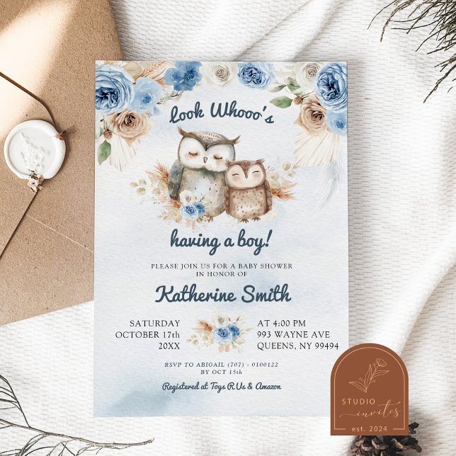 Invitación Fiesta de Bebé Búho Floral Azul Boho (Subido por el creador)