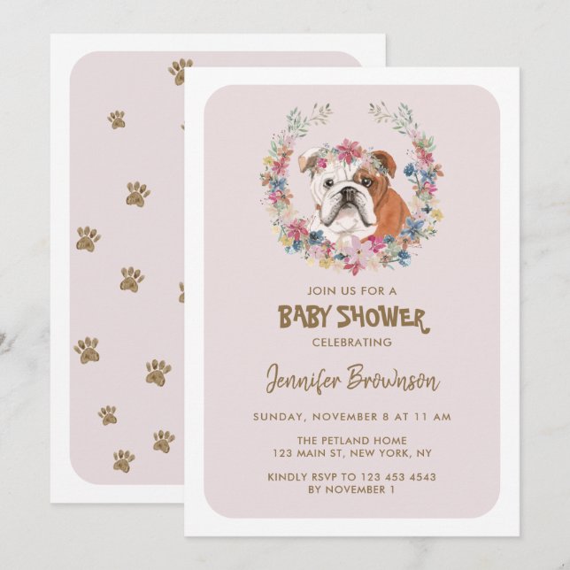 Invitación Fiesta de Bebé Bulldog (Anverso / Reverso)