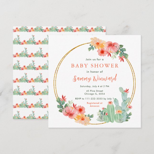 Invitación Fiesta de Bebé Cactus Floral Boho (Anverso / Reverso)