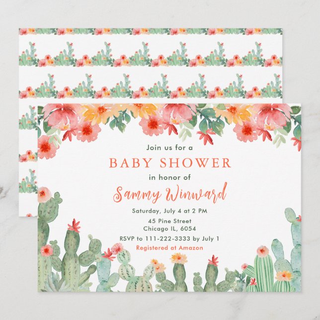 Invitación Fiesta de Bebé Cactus Floral Boho (Anverso / Reverso)