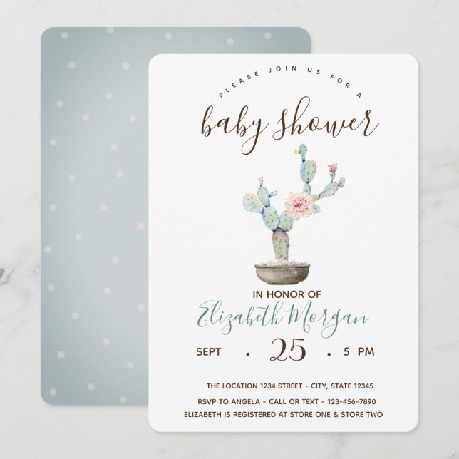 Invitación Fiesta de Bebé Cactus Suculentas Lunares (Anverso / Reverso)