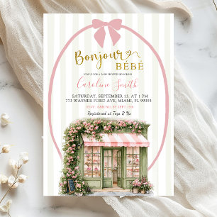 Invitación Fiesta de Bebé Café Parisino con Raya Rosa Salvia