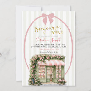 Invitación Fiesta de Bebé Café Parisino con Raya Rosa Salvia