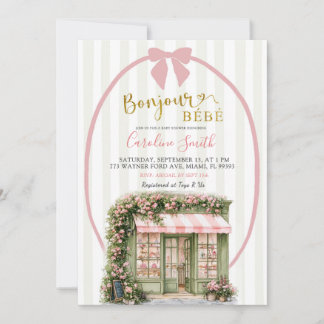 Invitación Fiesta de Bebé Café Parisino con Raya Rosa Salvia