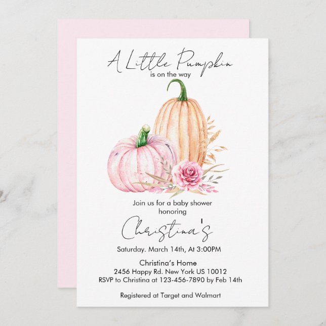 Invitación Fiesta de Bebé Calabaza Acuarela Boho (Anverso / Reverso)