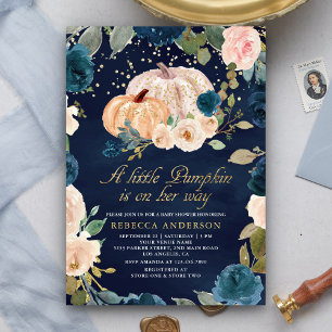 Invitación Fiesta de Bebé: Calabaza Floral Azul Marinho Dorad