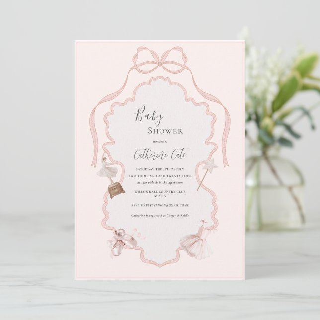 Invitación Fiesta de Bebé Caprichosa Bailarina Rosa (Anverso de pie)