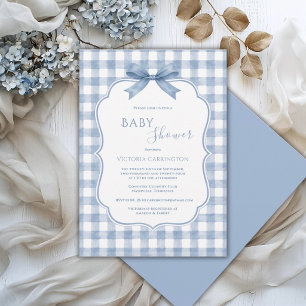 Invitación Fiesta de Bebé Caprichosa de Gingham Blanco Azul