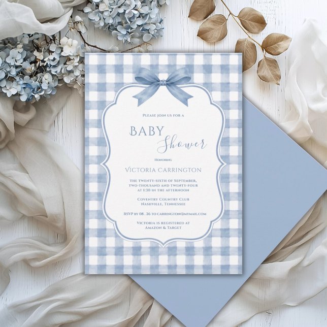 Invitación Fiesta de Bebé Caprichosa de Gingham Blanco Azul (Subido por el creador)