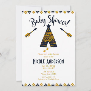 Invitación Fiesta de Bebé Chic Moderno Tipi Azul y Dorado