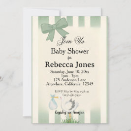 Invitación Fiesta de Bebé Cigüeña Verde Salvia Neutral