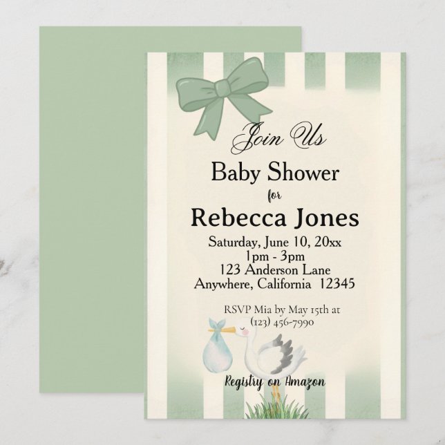 Invitación Fiesta de Bebé Cigüeña Verde Salvia Neutral (Anverso / Reverso)