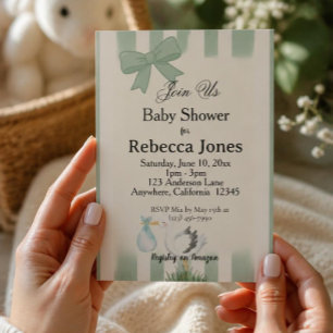 Invitación Fiesta de Bebé Cigüeña Verde Salvia Neutral